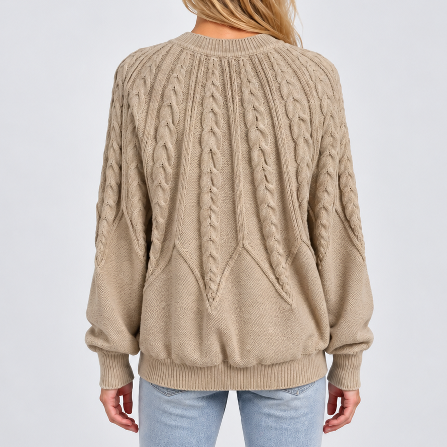 Women's Cable Knit Crew-Neck Balloon Sleeve Winter Jumper