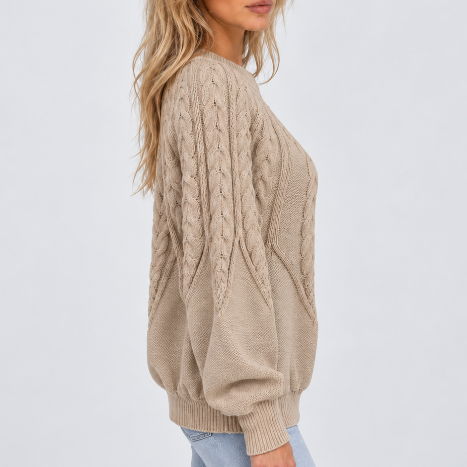 Women's Cable Knit Crew-Neck Balloon Sleeve Winter Jumper