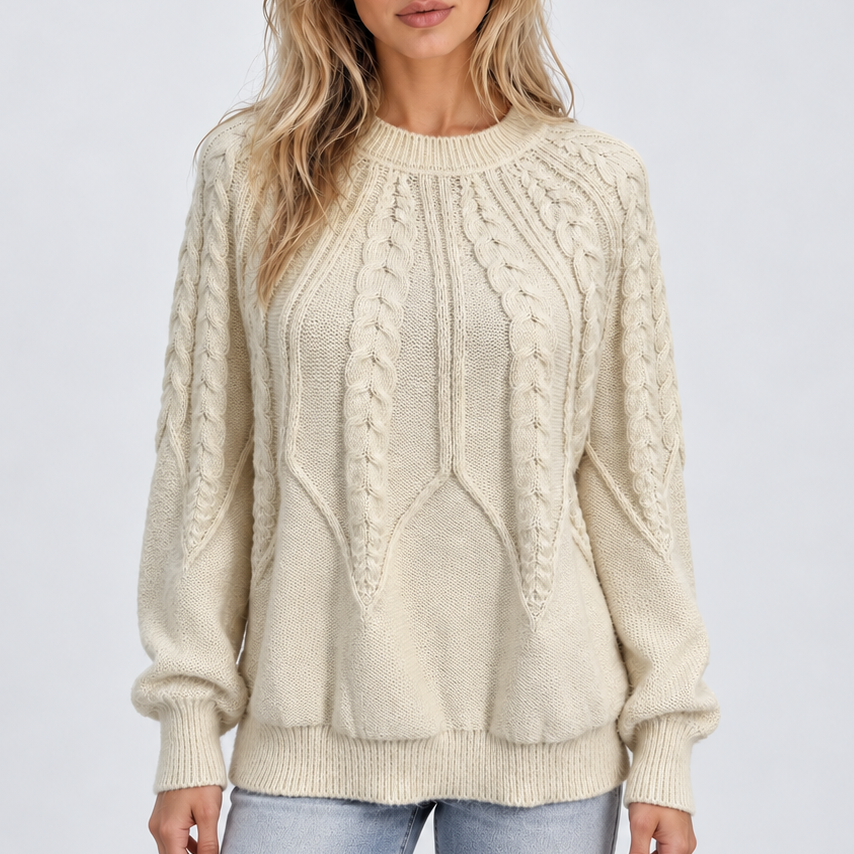 Women's Cable Knit Crew-Neck Balloon Sleeve Winter Jumper