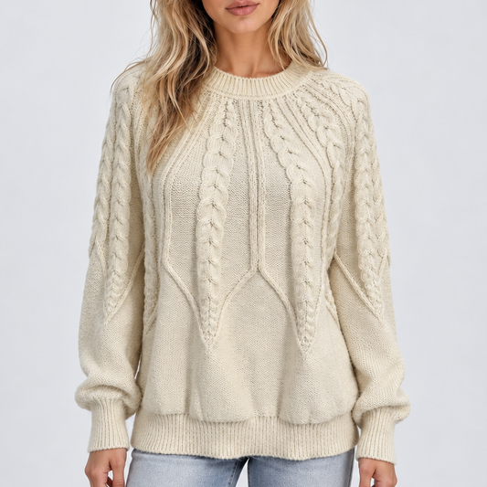 Women's Cable Knit Crew-Neck Balloon Sleeve Winter Jumper