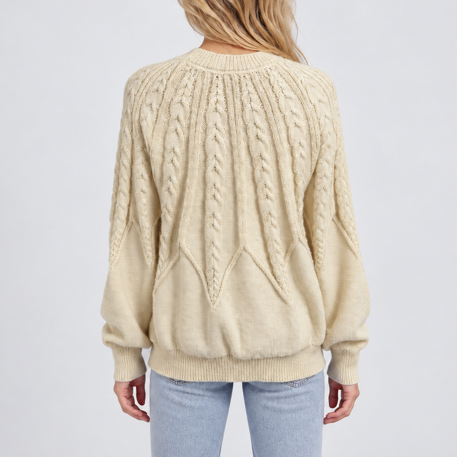 Women's Cable Knit Crew-Neck Balloon Sleeve Winter Jumper