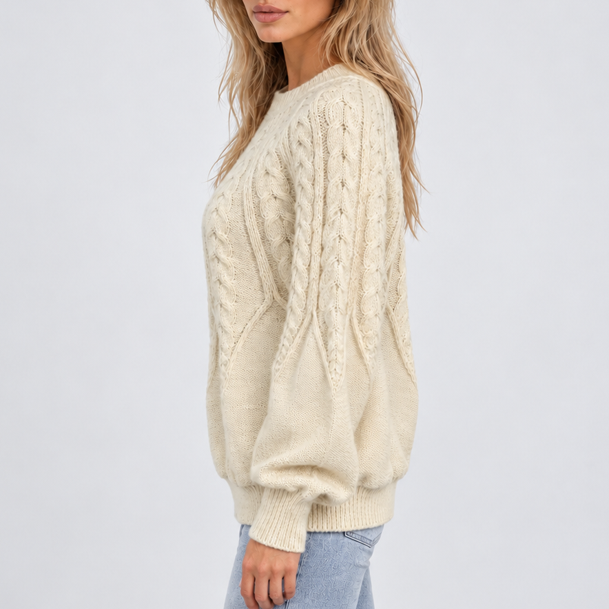 Women's Cable Knit Crew-Neck Balloon Sleeve Winter Jumper