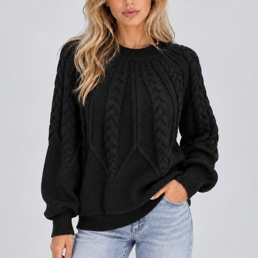 Women's Cable Knit Crew-Neck Balloon Sleeve Winter Jumper