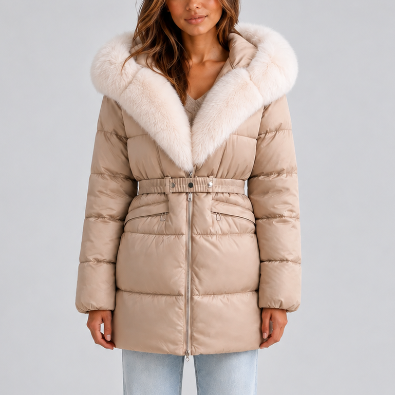 Women's Long Hooded Belted Faux Fur Trim Winter Puffer Coat