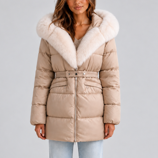 Women's Long Hooded Belted Faux Fur Trim Winter Puffer Coat