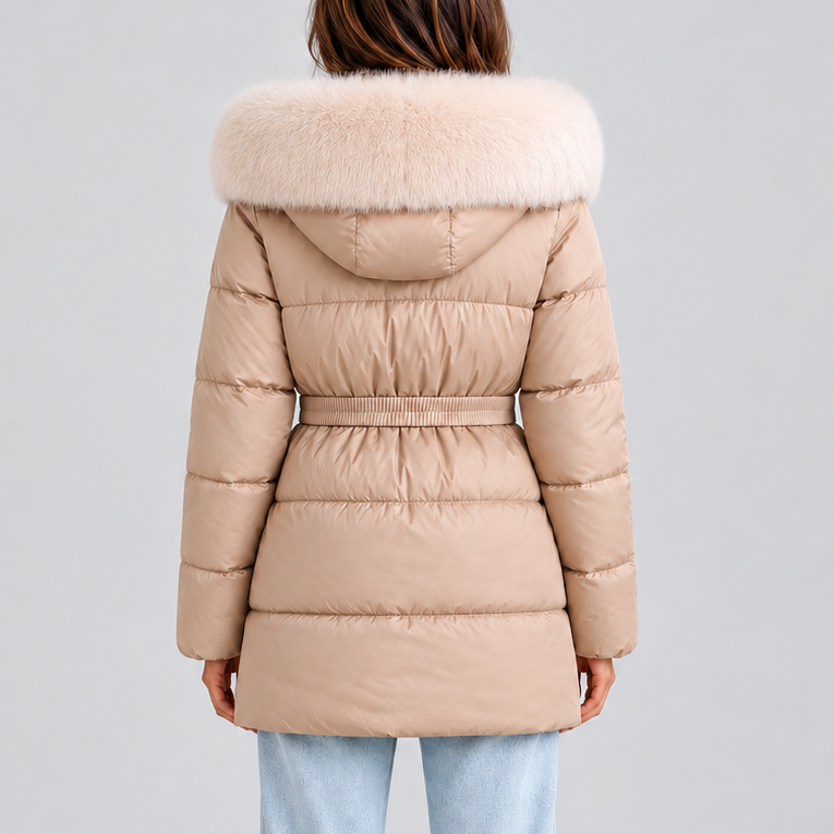 Women's Long Hooded Belted Faux Fur Trim Winter Puffer Coat
