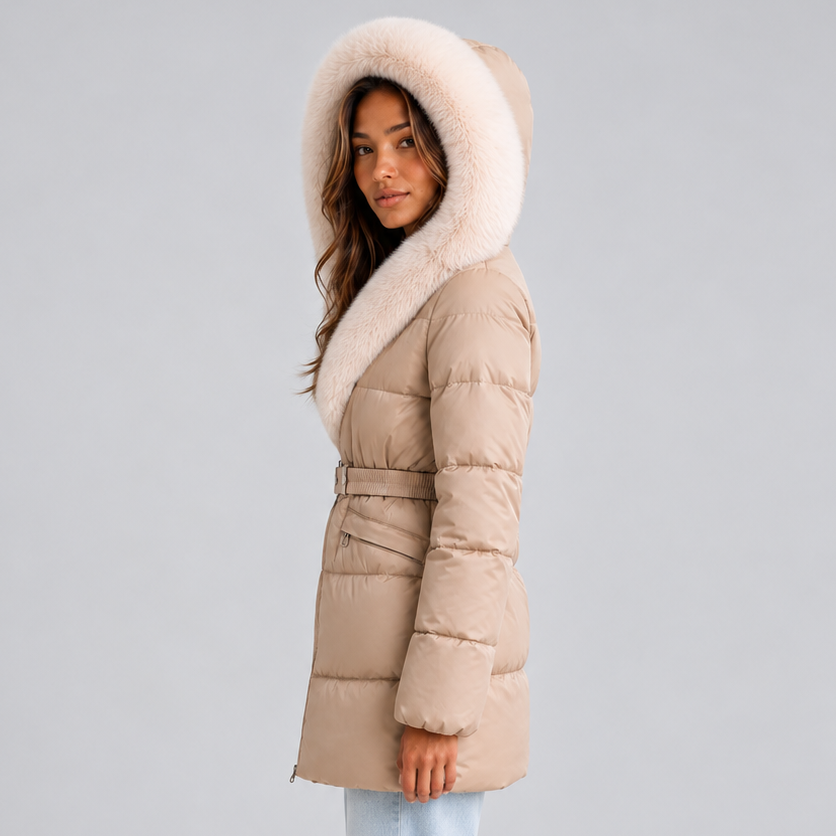 Women's Long Hooded Belted Faux Fur Trim Winter Puffer Coat