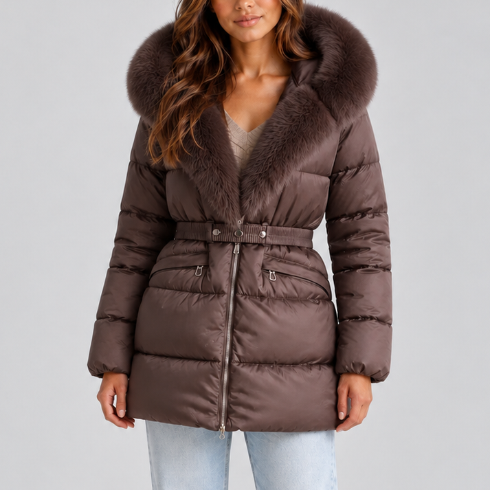 Women's Long Hooded Belted Faux Fur Trim Winter Puffer Coat