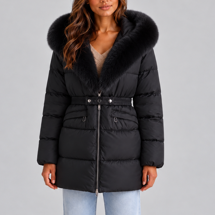 Women's Long Hooded Belted Faux Fur Trim Winter Puffer Coat
