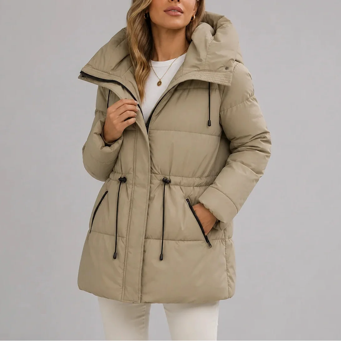 Women's Longline Hooded Quilted Drawstring Waist Winter Puffer Coat
