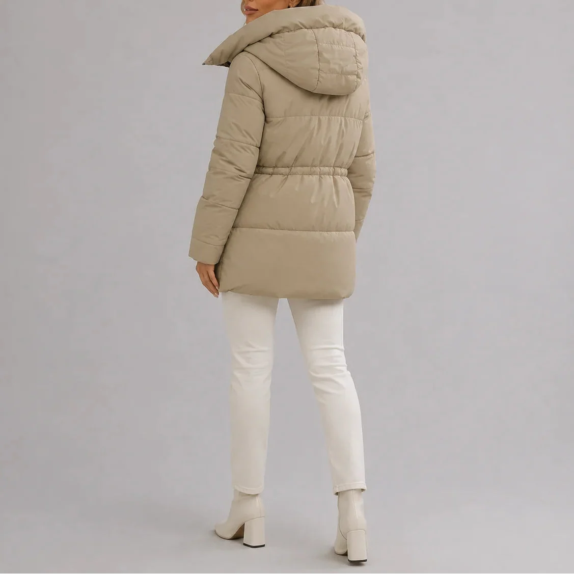 Women's Longline Hooded Quilted Drawstring Waist Winter Puffer Coat