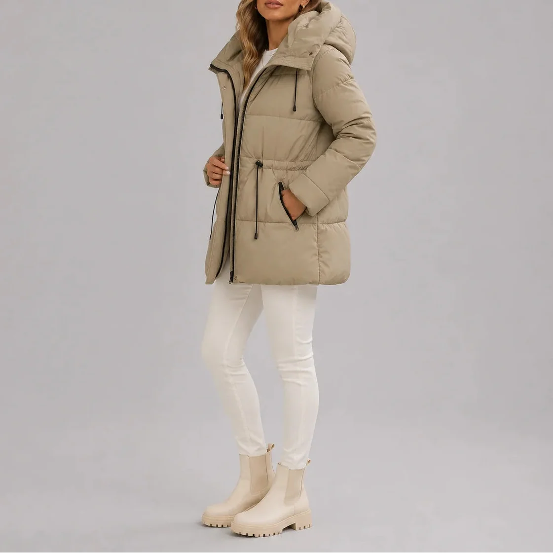 Women's Longline Hooded Quilted Drawstring Waist Winter Puffer Coat