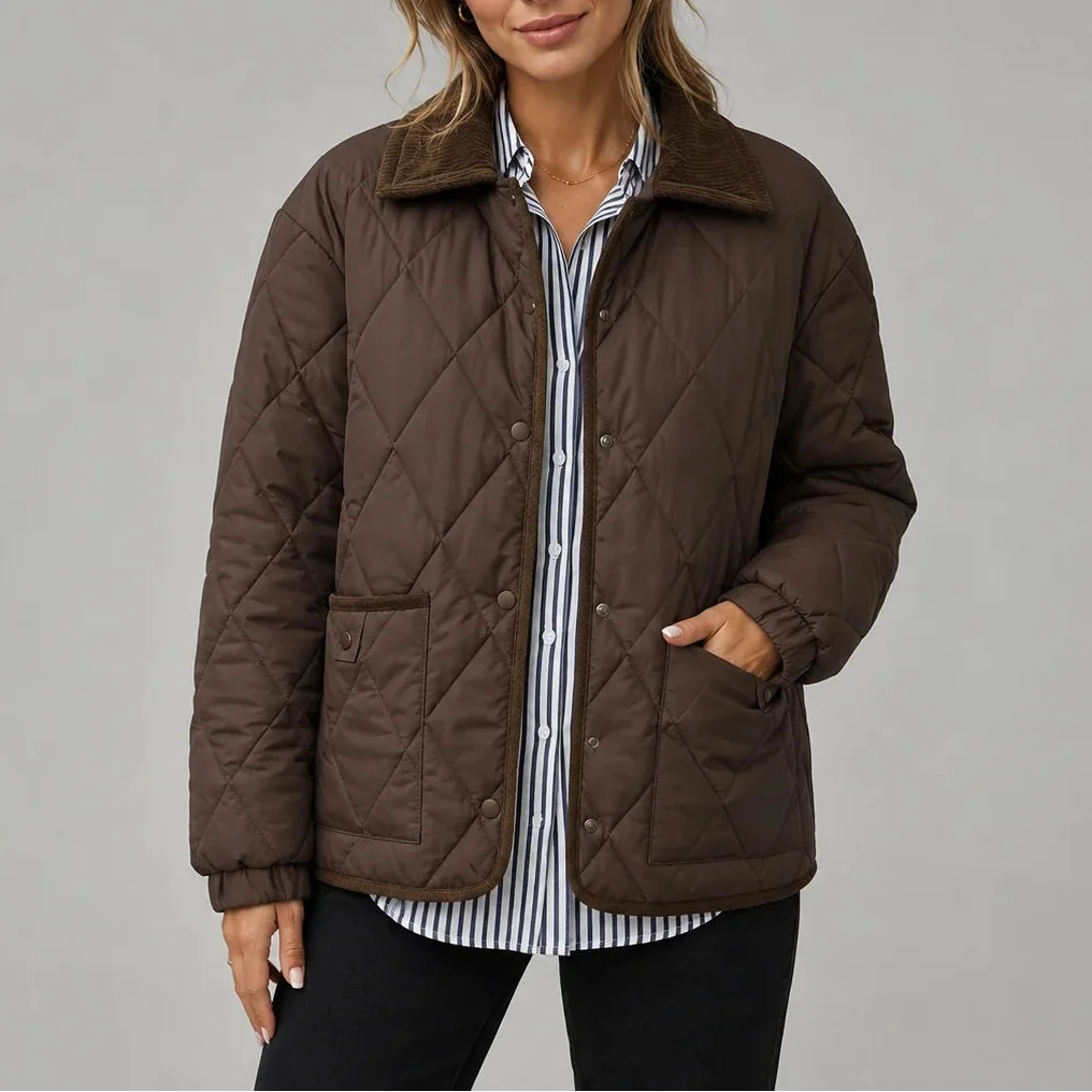 Women's Diamond Quilted Corduroy Collar Press-Stud Autumn Jacket