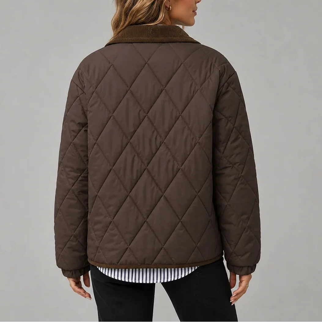 Women's Diamond Quilted Corduroy Collar Press-Stud Autumn Jacket