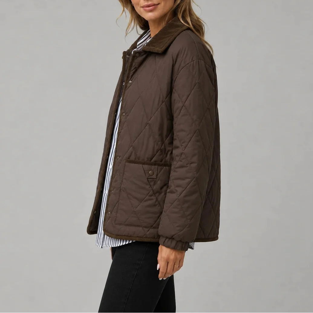 Women's Diamond Quilted Corduroy Collar Press-Stud Autumn Jacket