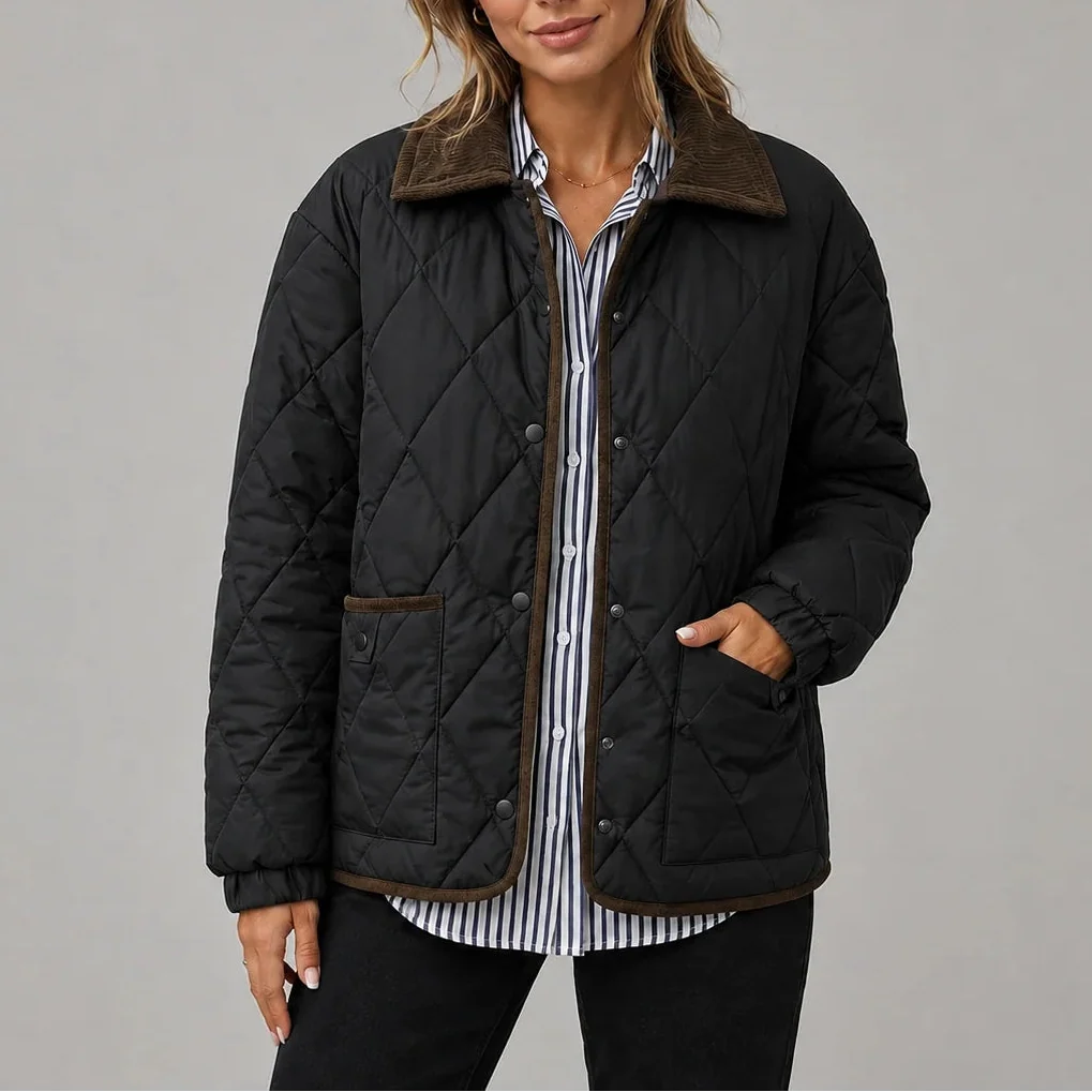 Women's Diamond Quilted Corduroy Collar Press-Stud Autumn Jacket