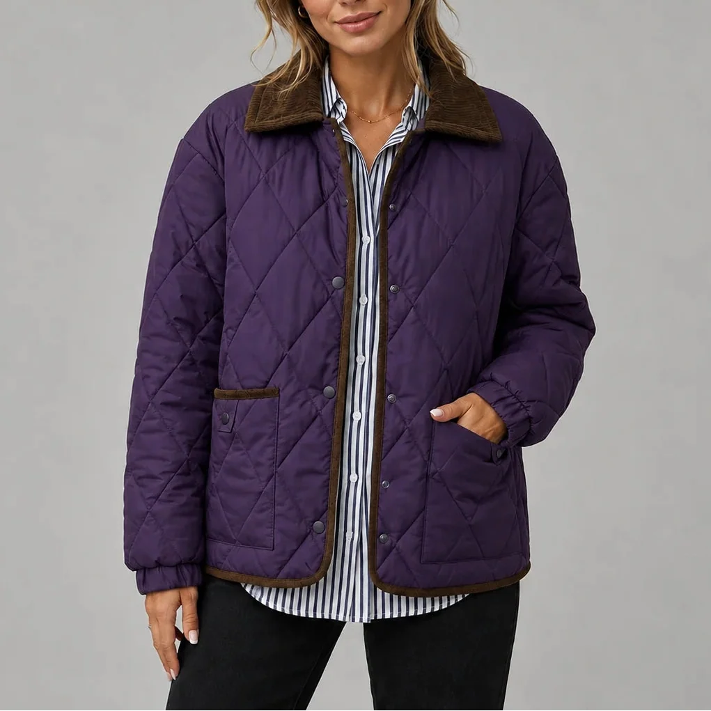Women's Diamond Quilted Corduroy Collar Press-Stud Autumn Jacket