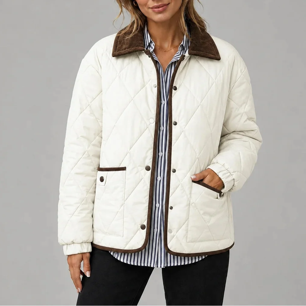 Women's Diamond Quilted Corduroy Collar Press-Stud Autumn Jacket