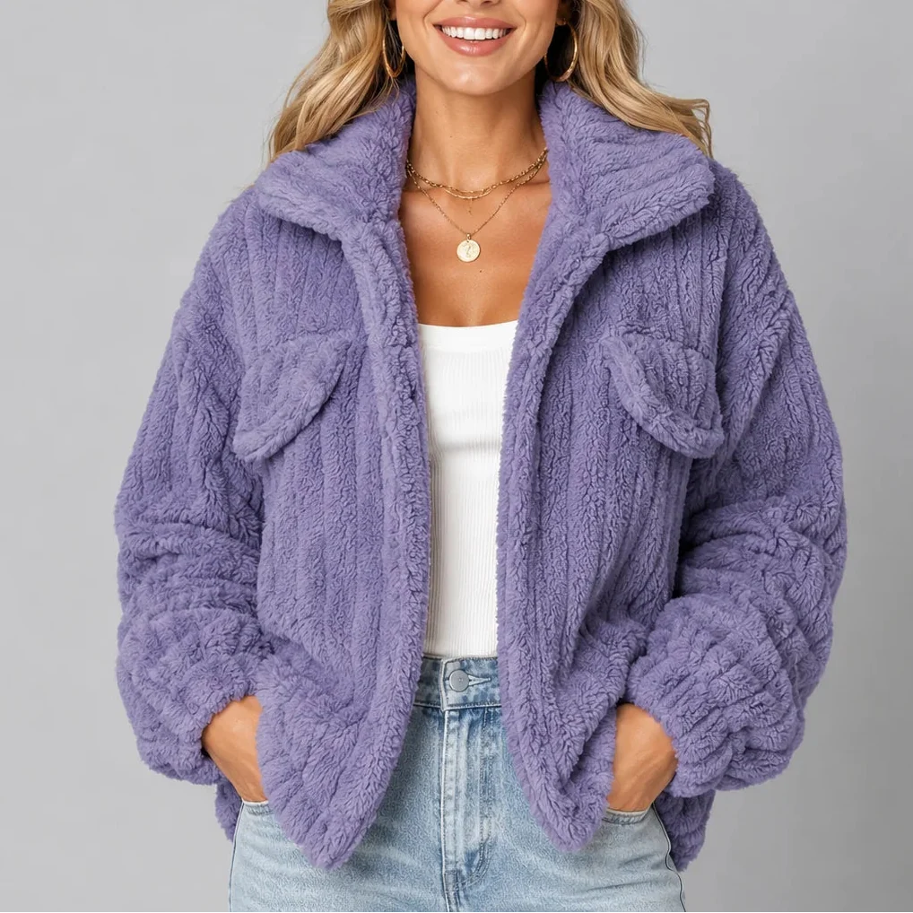 Women's Teddy Fleece Wide Collar Relaxed Fit Winter Jacket