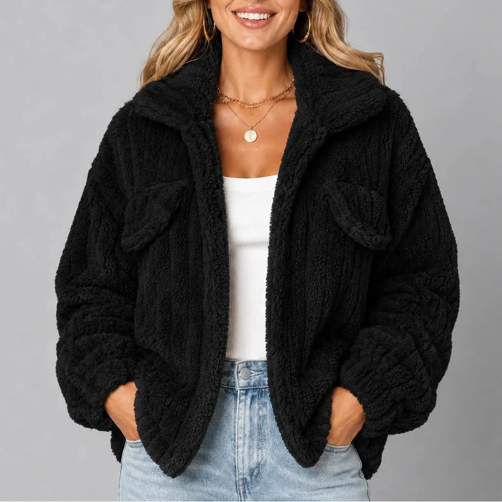 Women's Teddy Fleece Wide Collar Relaxed Fit Winter Jacket