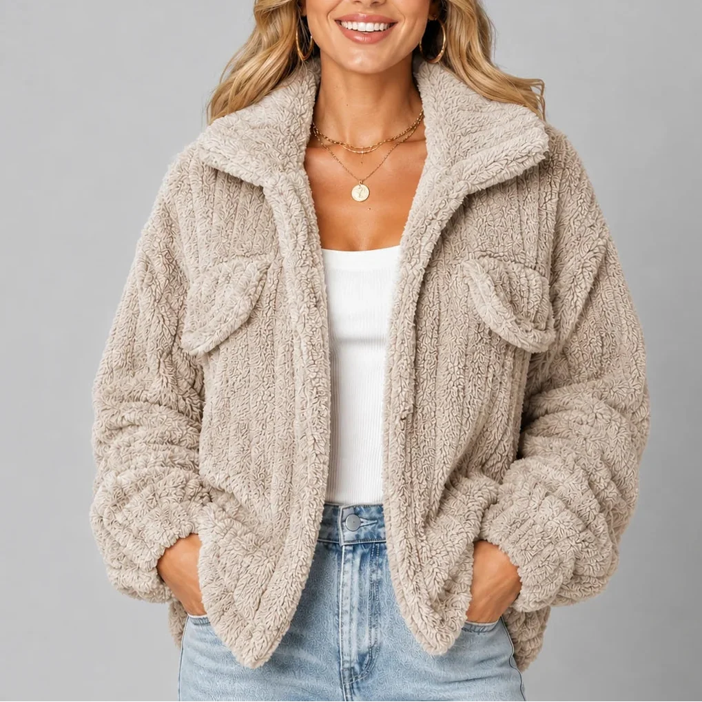 Women's Teddy Fleece Wide Collar Relaxed Fit Winter Jacket