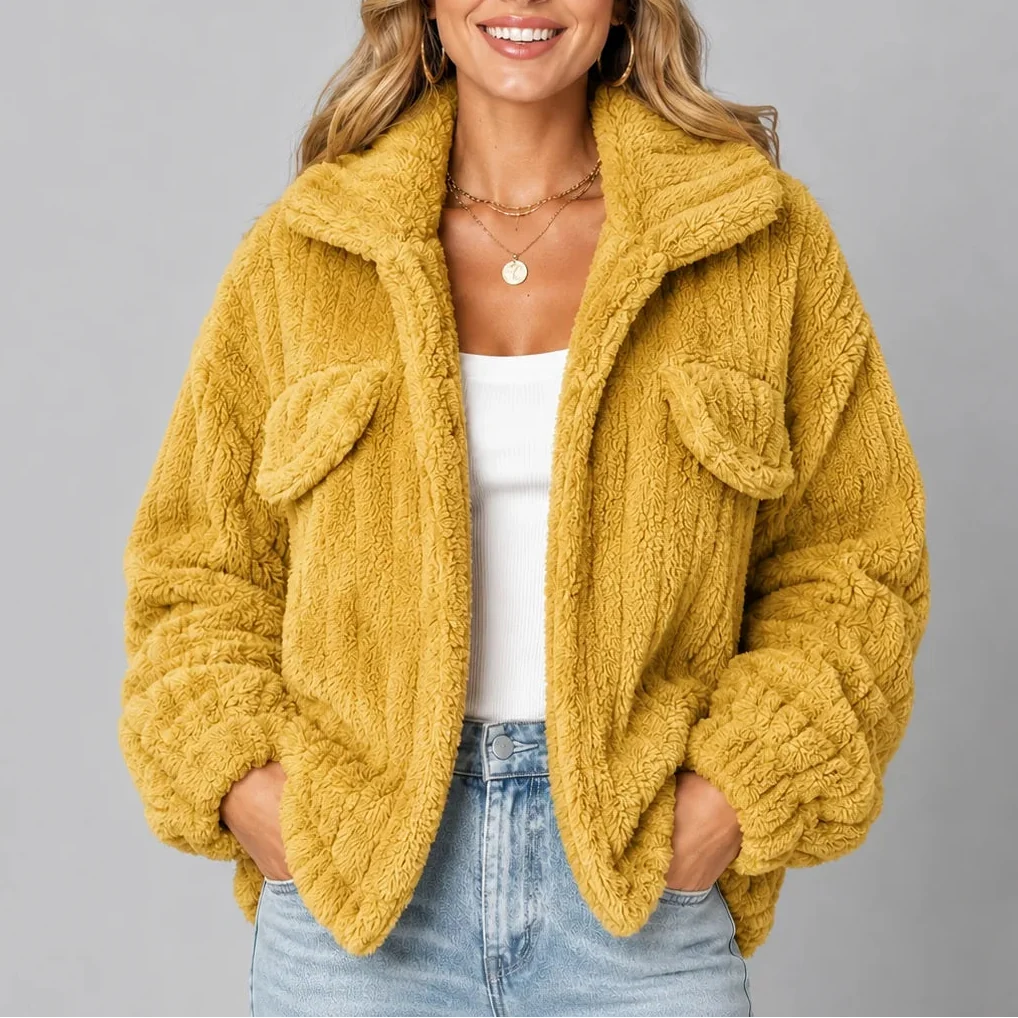 Women's Teddy Fleece Wide Collar Relaxed Fit Winter Jacket
