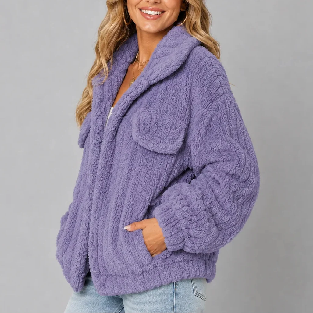 Women's Teddy Fleece Wide Collar Relaxed Fit Winter Jacket