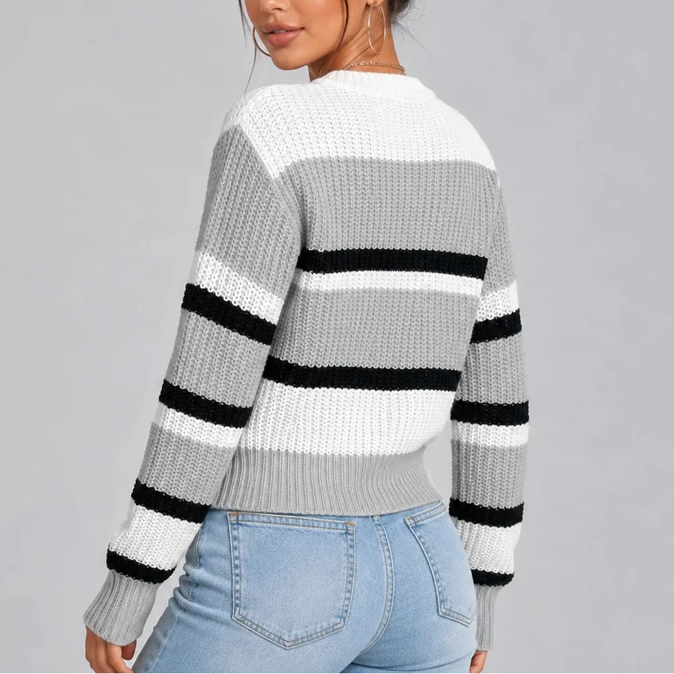 Women's Striped Crew-Neck Relaxed Fit Knitted Winter Jumper