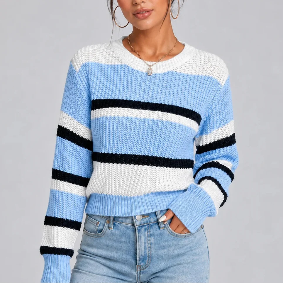 Women's Striped Crew-Neck Relaxed Fit Knitted Winter Jumper
