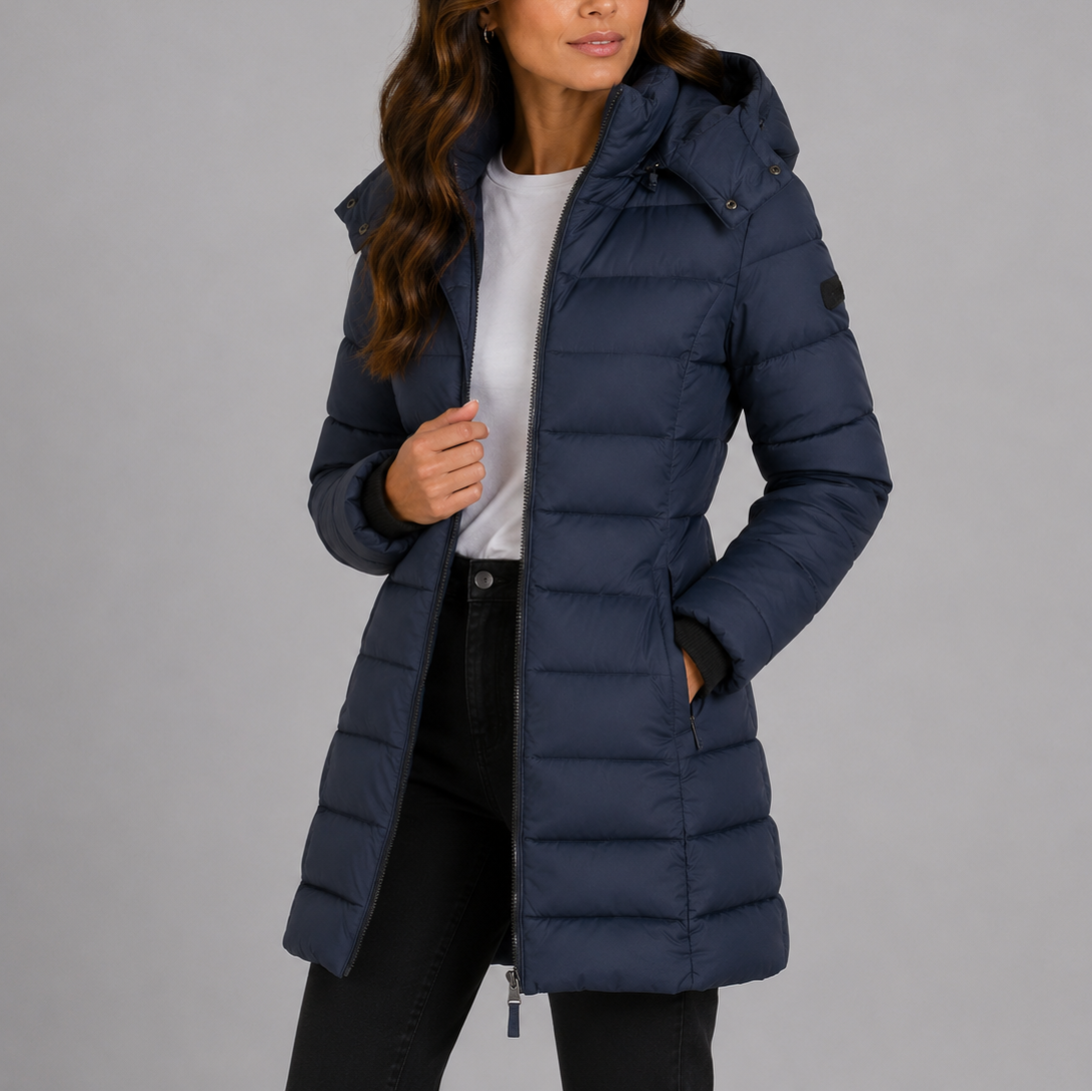 Women's Long Fitted Hooded Quilted Zip-Up Winter Puffer Coat