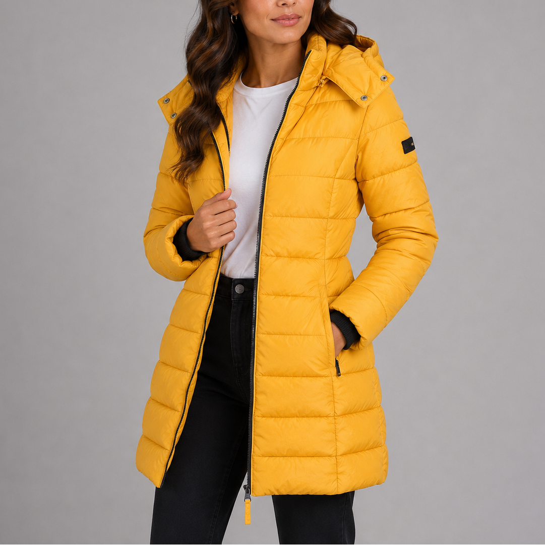 Women's Long Fitted Hooded Quilted Zip-Up Winter Puffer Coat