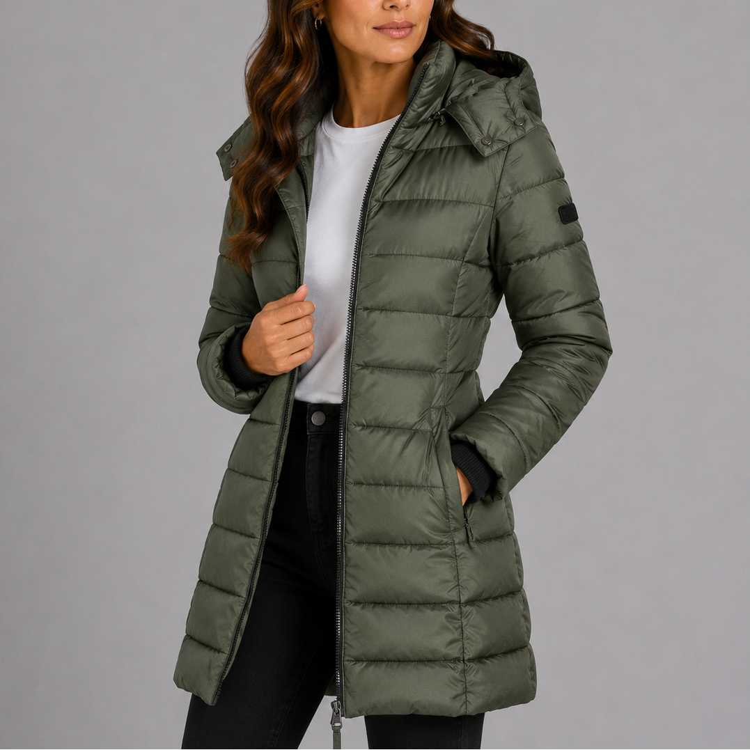 Women's Long Fitted Hooded Quilted Zip-Up Winter Puffer Coat