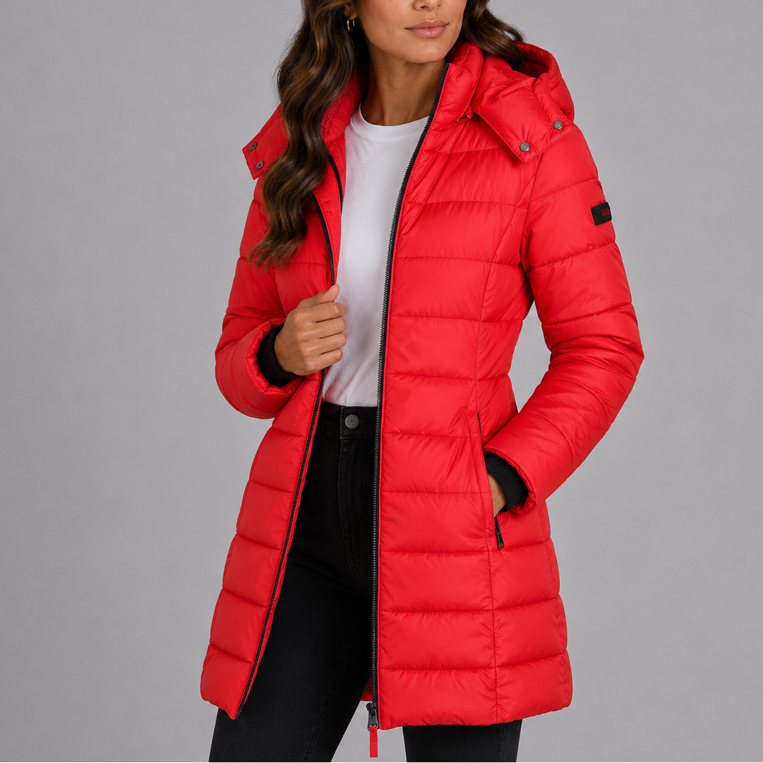 Women's Long Fitted Hooded Quilted Zip-Up Winter Puffer Coat