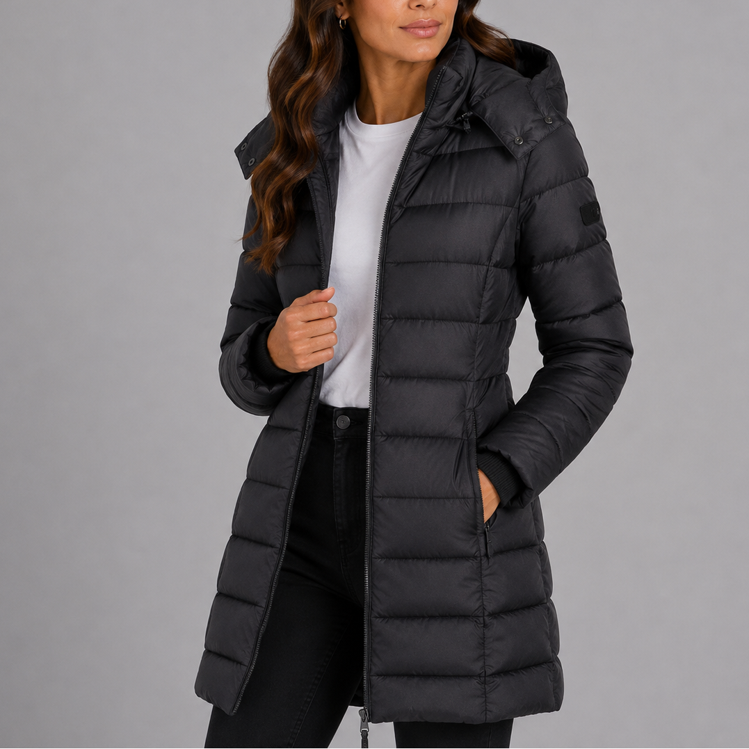 Women's Long Fitted Hooded Quilted Zip-Up Winter Puffer Coat