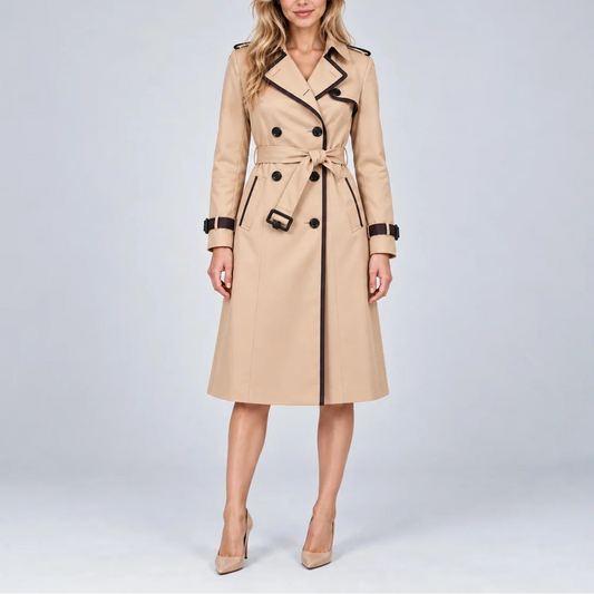Women's Long Double-Breasted Belted Contrast Trim Autumn Trench Coat