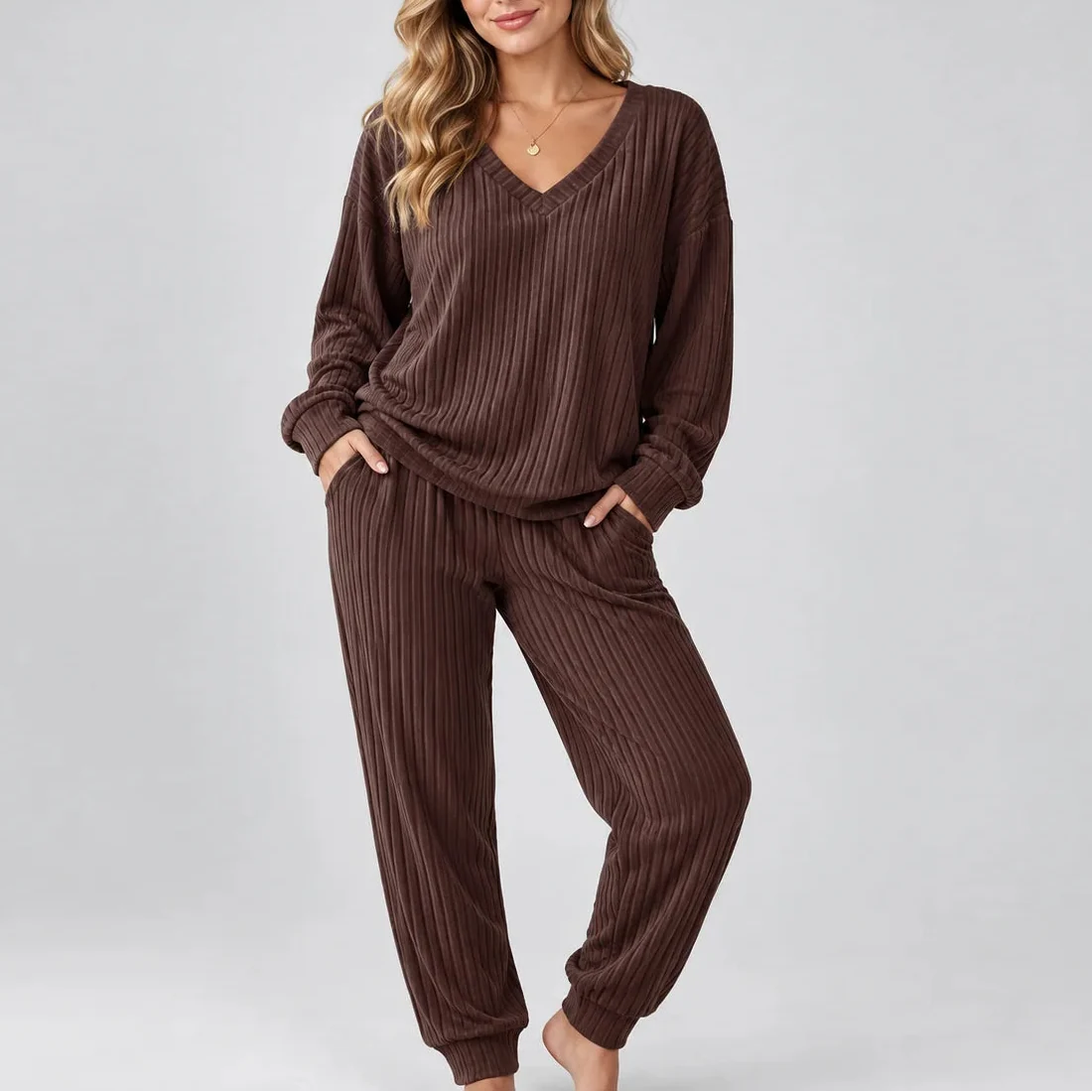 Women's Ribbed Two-Piece V-Neck Long-Sleeve Relaxed Fit Lounge Set