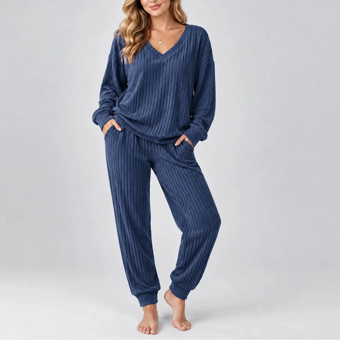 Women's Ribbed Two-Piece V-Neck Long-Sleeve Relaxed Fit Lounge Set