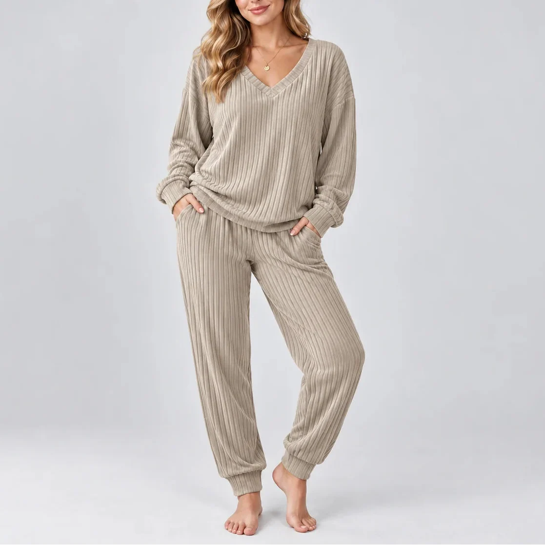 Women's Ribbed Two-Piece V-Neck Long-Sleeve Relaxed Fit Lounge Set