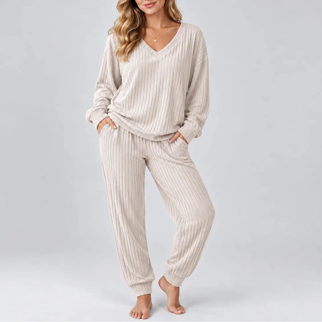 Women's Ribbed Two-Piece V-Neck Long-Sleeve Relaxed Fit Lounge Set