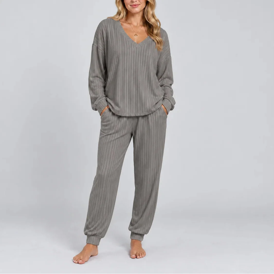 Women's Ribbed Two-Piece V-Neck Long-Sleeve Relaxed Fit Lounge Set