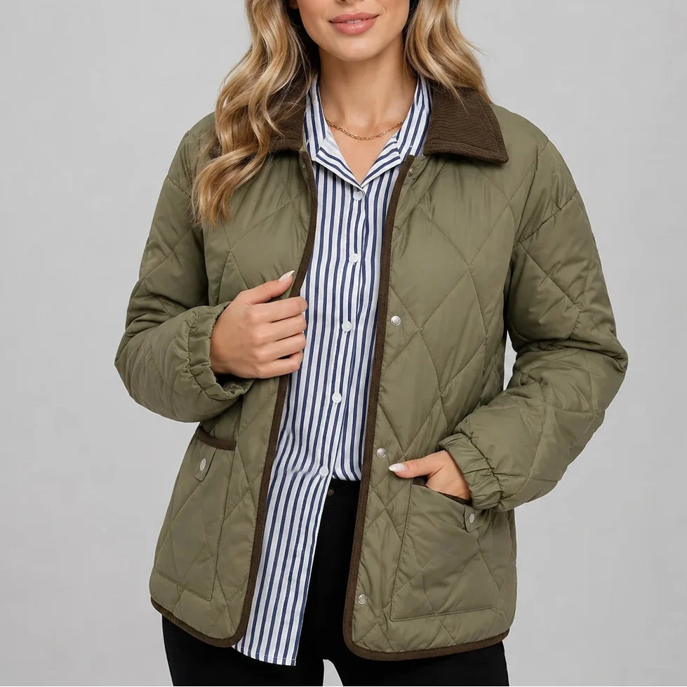 Women's Diamond Quilted Corduroy Collar Press-Stud Autumn Jacket