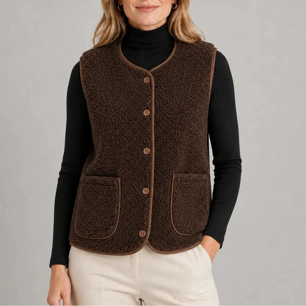 Women's Teddy Fleece Button-Up Contrast Trim Winter Gilet