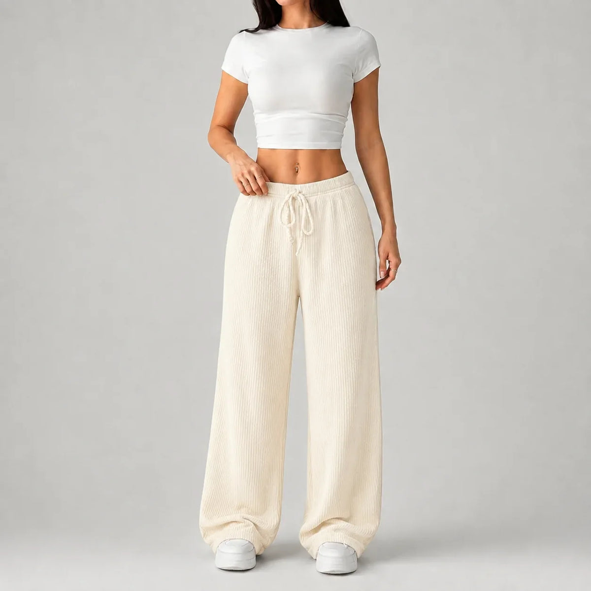 Women's Ribbed Wide-Leg High-Rise Drawstring Lounge Trousers