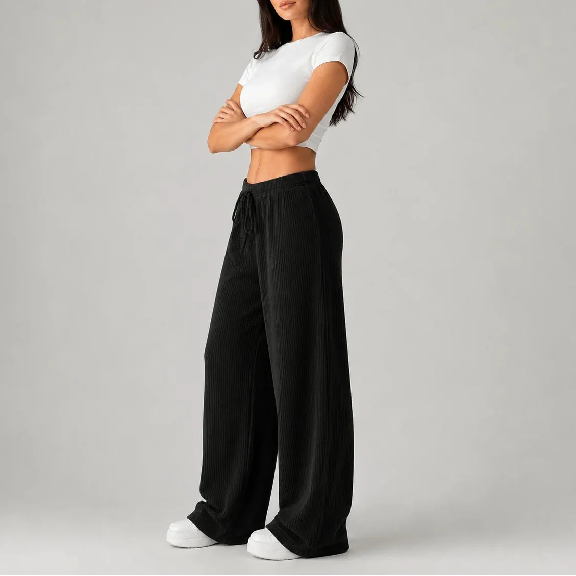 Women's Ribbed Wide-Leg High-Rise Drawstring Lounge Trousers