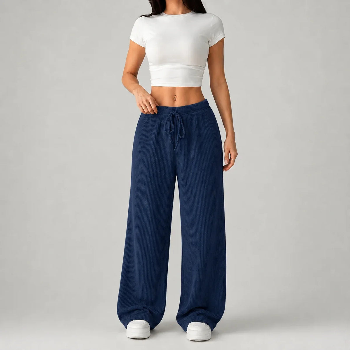 Women's Ribbed Wide-Leg High-Rise Drawstring Lounge Trousers