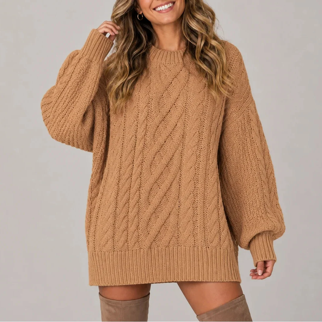 Women's Oversized Cable Knit Long-Sleeve Winter Jumper Dress