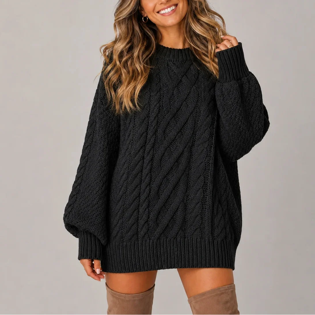 Women's Oversized Cable Knit Long-Sleeve Winter Jumper Dress