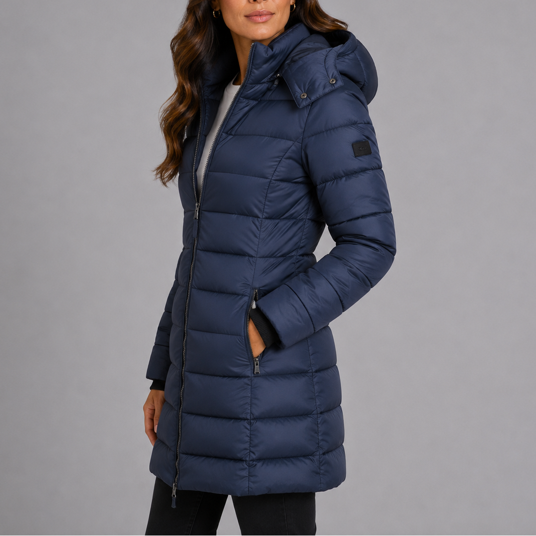 Women's Long Fitted Hooded Quilted Zip-Up Winter Puffer Coat