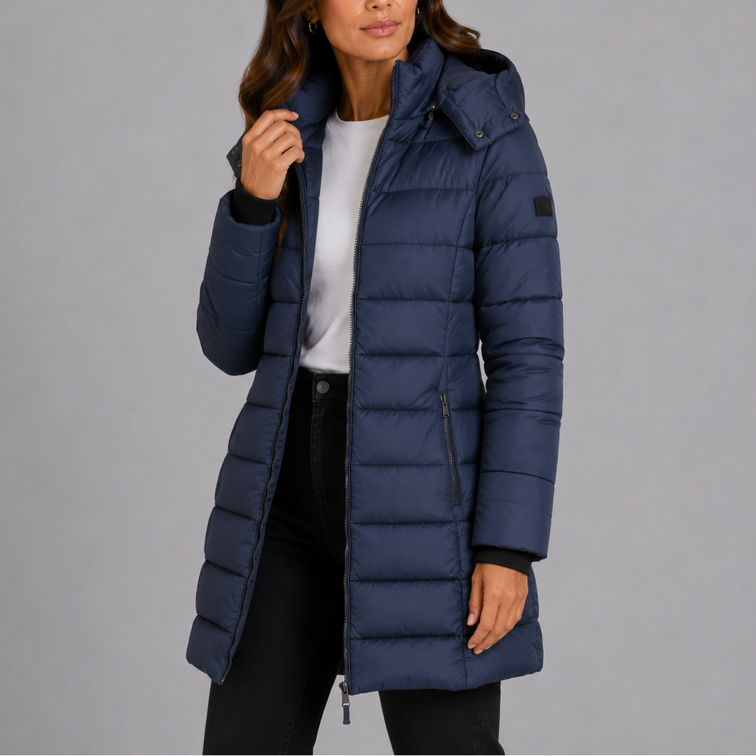 Women's Long Fitted Hooded Quilted Zip-Up Winter Puffer Coat