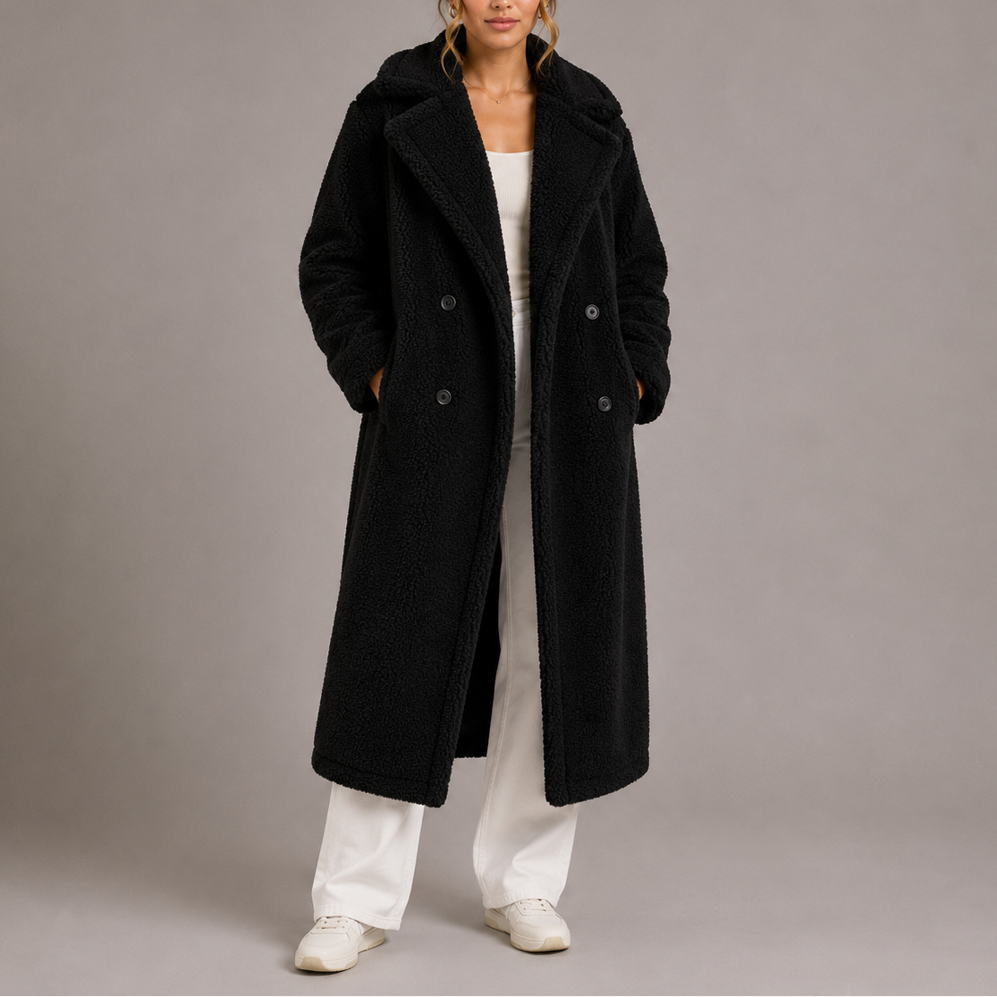 Women's Long Double-Breasted Faux Fur Teddy Winter Coat